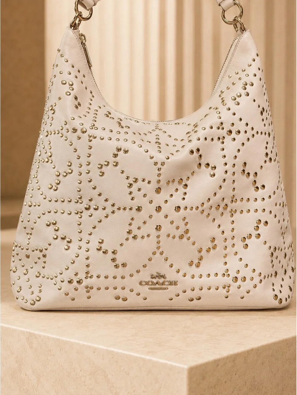 Coach Studded Leather Hobo Bag White Medium Shoulder Purse